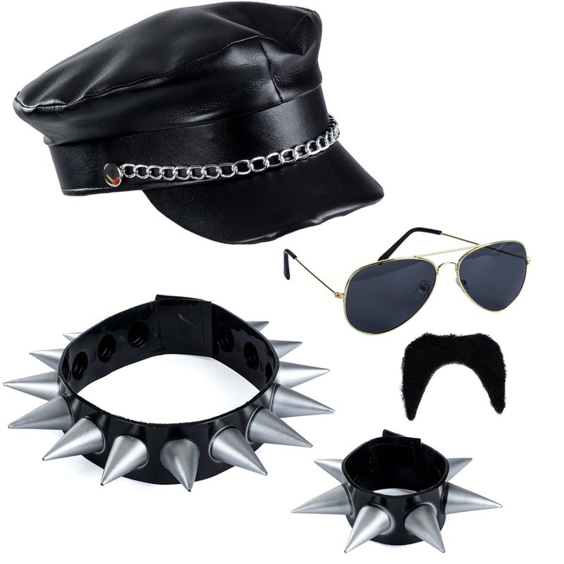 Tigerdoe Biker Costume Men Hat â€“ Rockstar Costume â€“ Biker Accessories â€“ 5 Pc Set - Image 1